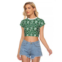 Hibiscus Bloom Island Tribal Waves Raglan Cropped T Shirt Green Polynesian Pattern