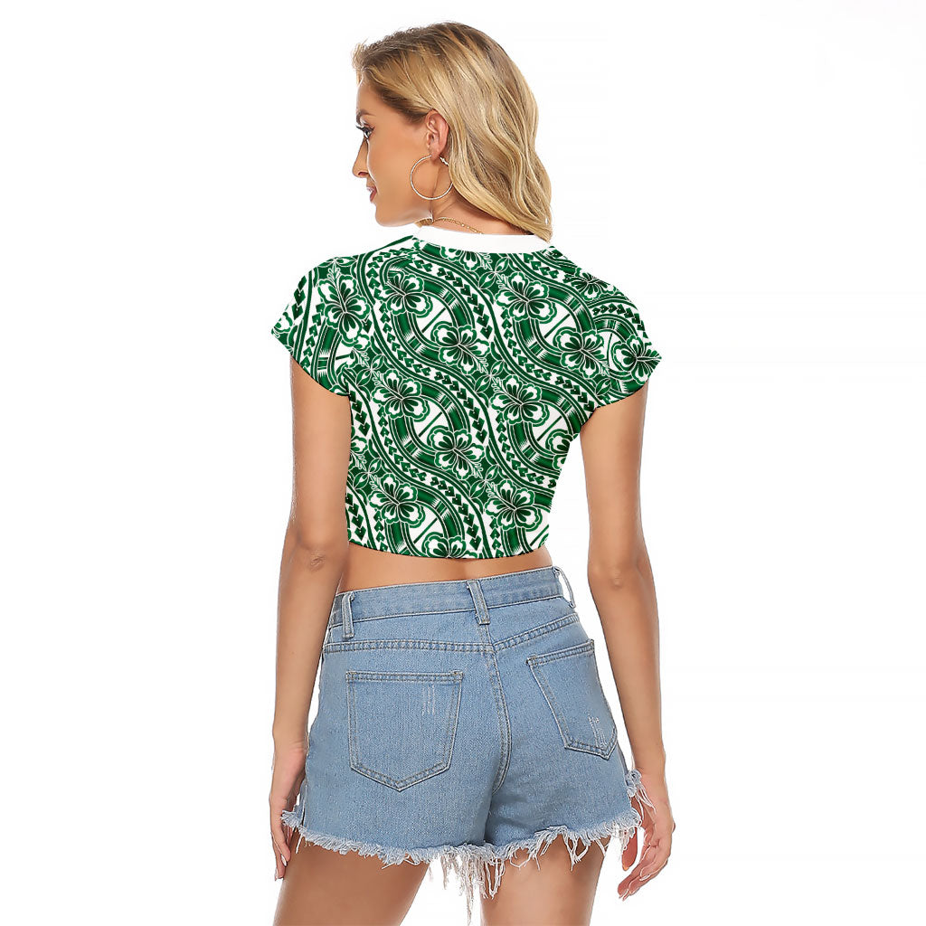 Hibiscus Bloom Island Tribal Waves Raglan Cropped T Shirt Green Polynesian Pattern