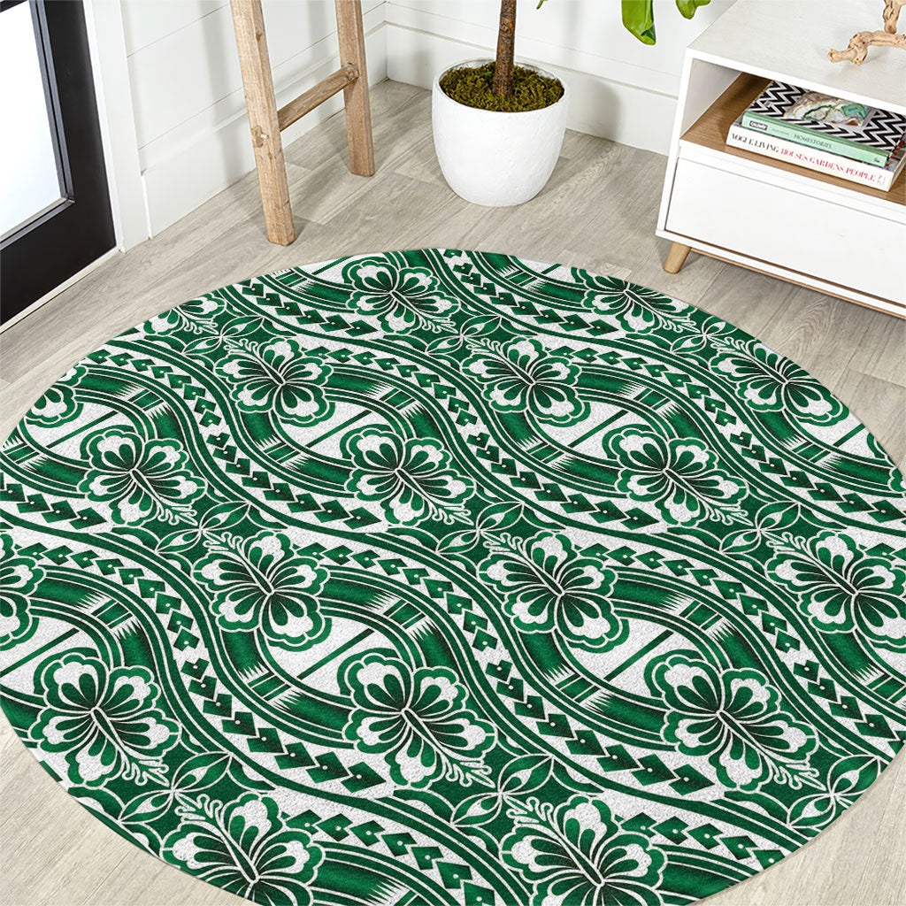 Hibiscus Bloom Island Tribal Waves Round Carpet Green Polynesian Pattern