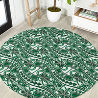 Hibiscus Bloom Island Tribal Waves Round Carpet Green Polynesian Pattern