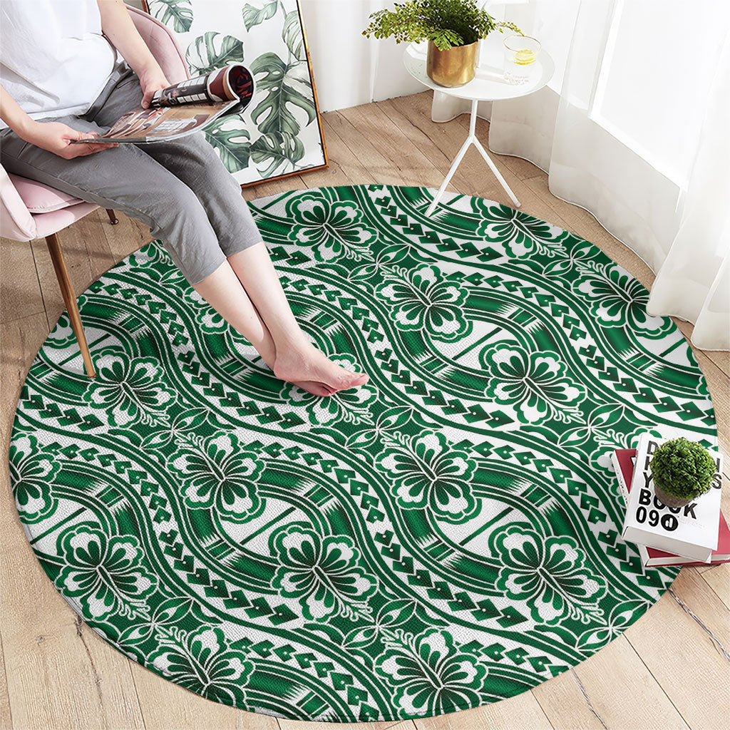 Hibiscus Bloom Island Tribal Waves Round Carpet Green Polynesian Pattern