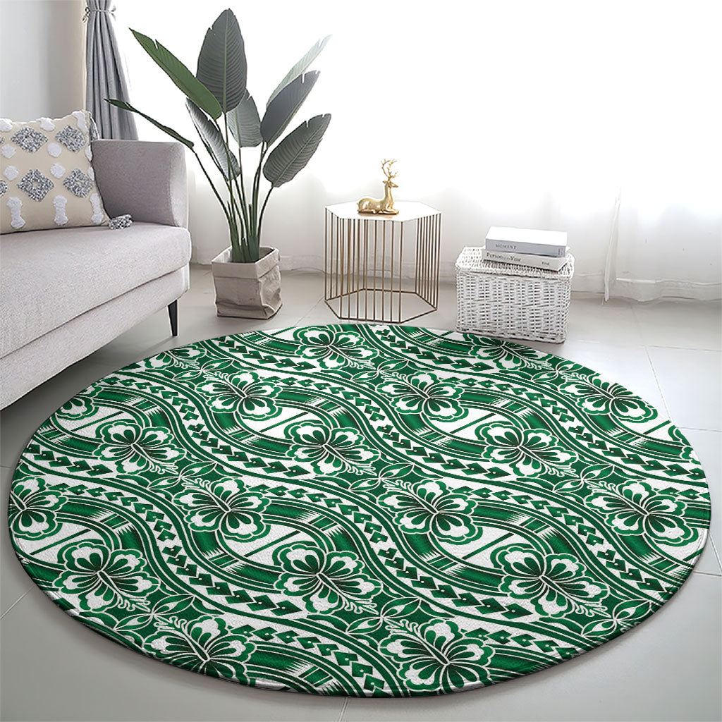 Hibiscus Bloom Island Tribal Waves Round Carpet Green Polynesian Pattern