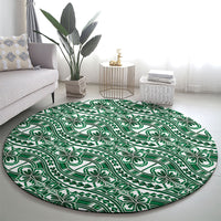 Hibiscus Bloom Island Tribal Waves Round Carpet Green Polynesian Pattern