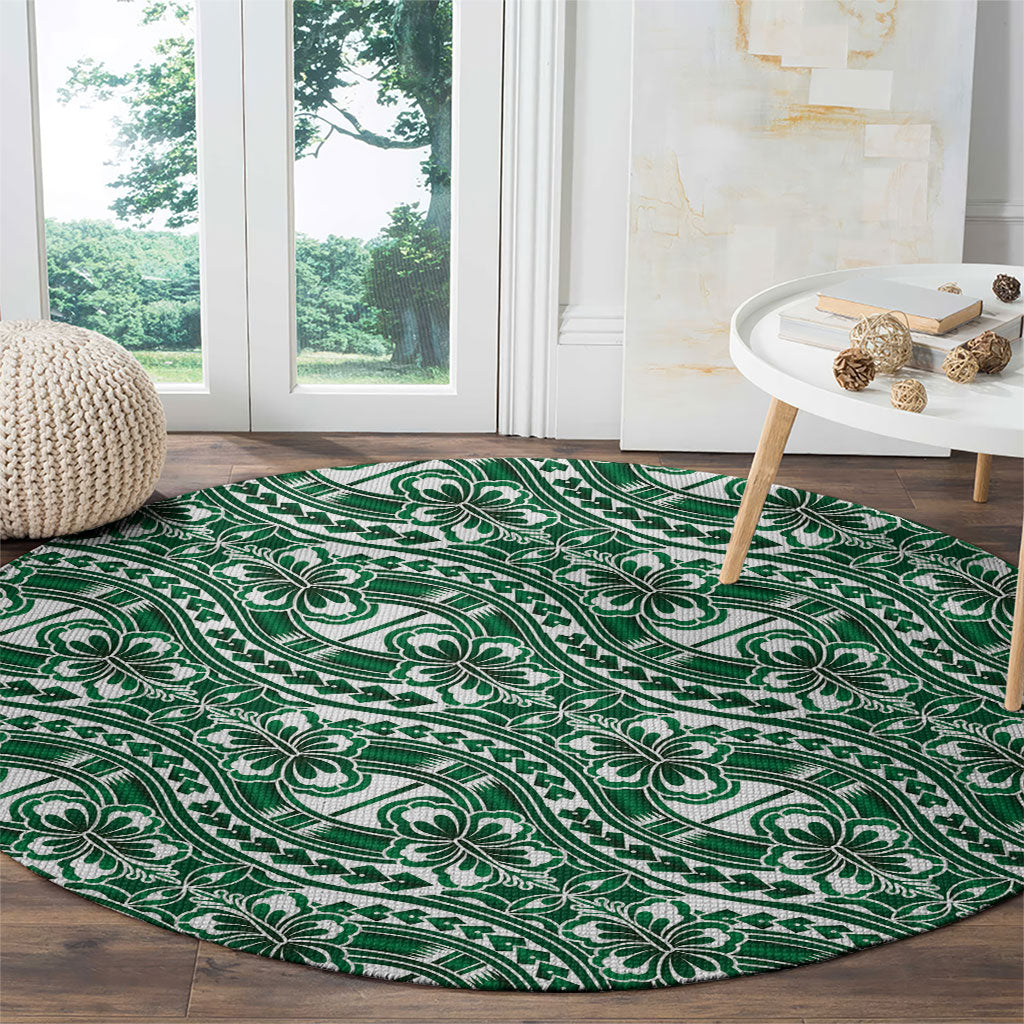 Hibiscus Bloom Island Tribal Waves Round Carpet Green Polynesian Pattern
