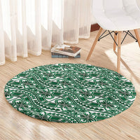 Hibiscus Bloom Island Tribal Waves Round Carpet Green Polynesian Pattern