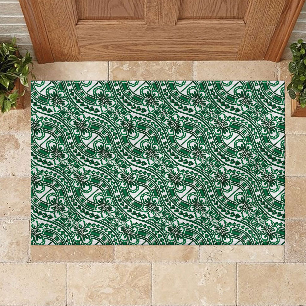 Hibiscus Bloom Island Tribal Waves Rubber Doormat Green Polynesian Pattern