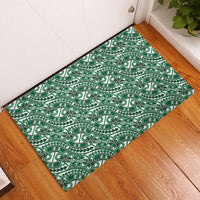 Hibiscus Bloom Island Tribal Waves Rubber Doormat Green Polynesian Pattern
