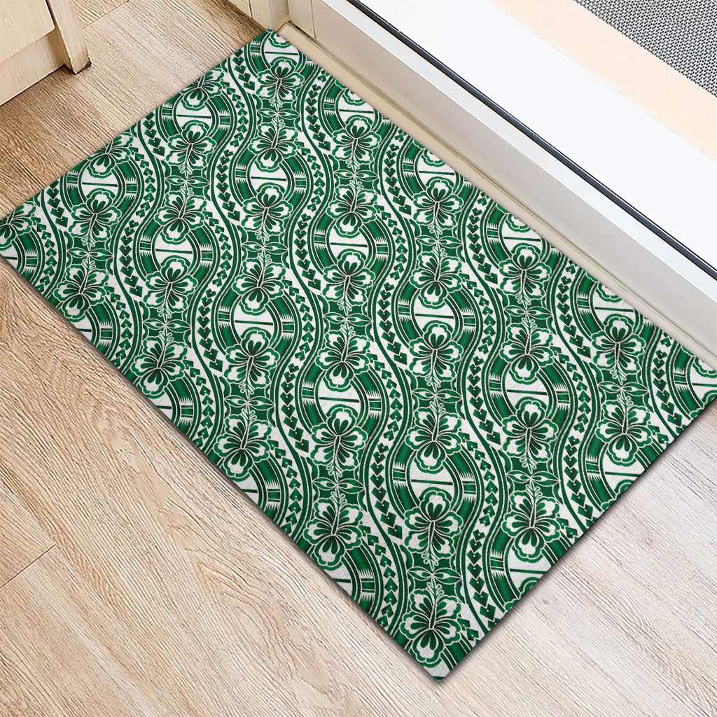 Hibiscus Bloom Island Tribal Waves Rubber Doormat Green Polynesian Pattern