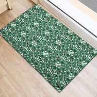 Hibiscus Bloom Island Tribal Waves Rubber Doormat Green Polynesian Pattern