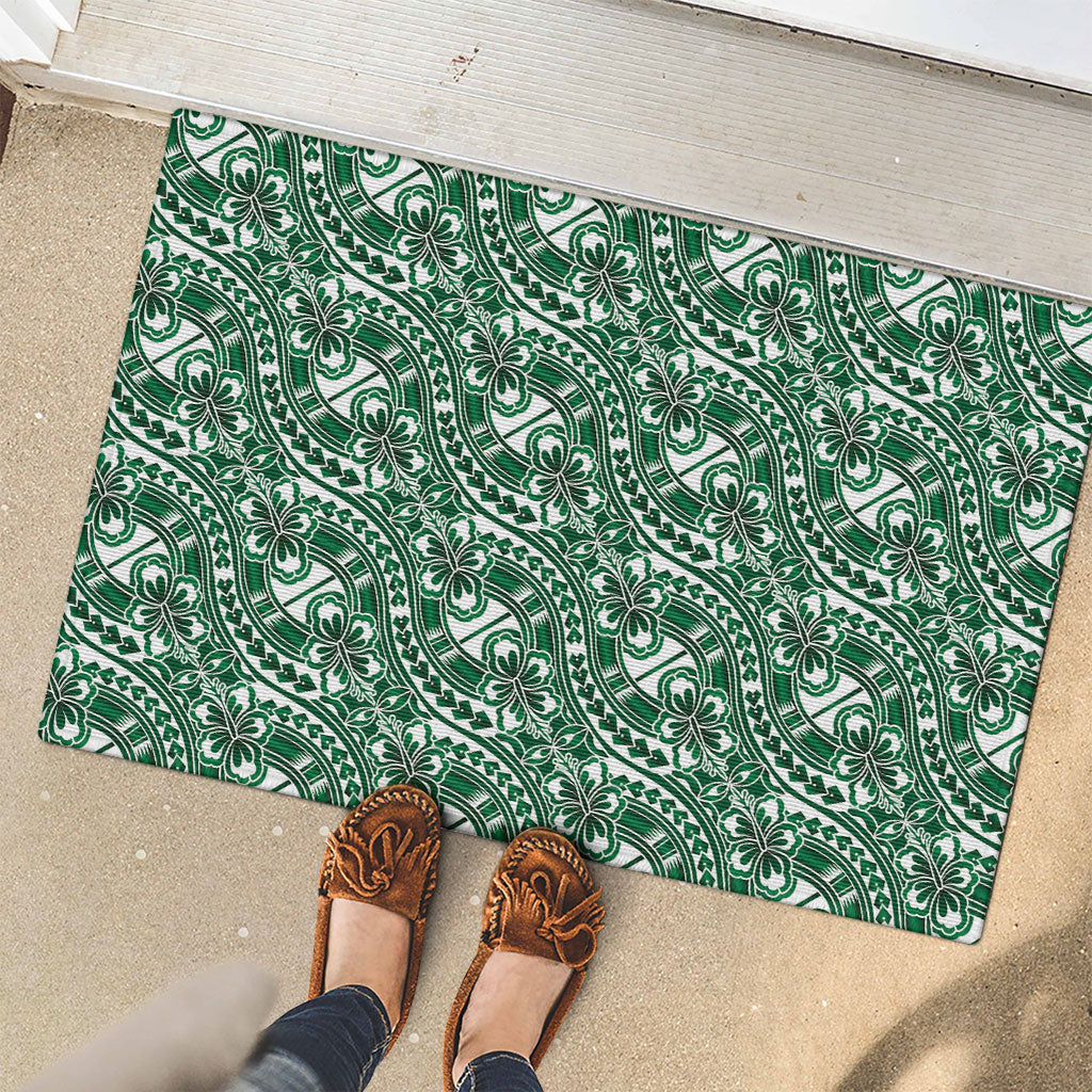 Hibiscus Bloom Island Tribal Waves Rubber Doormat Green Polynesian Pattern