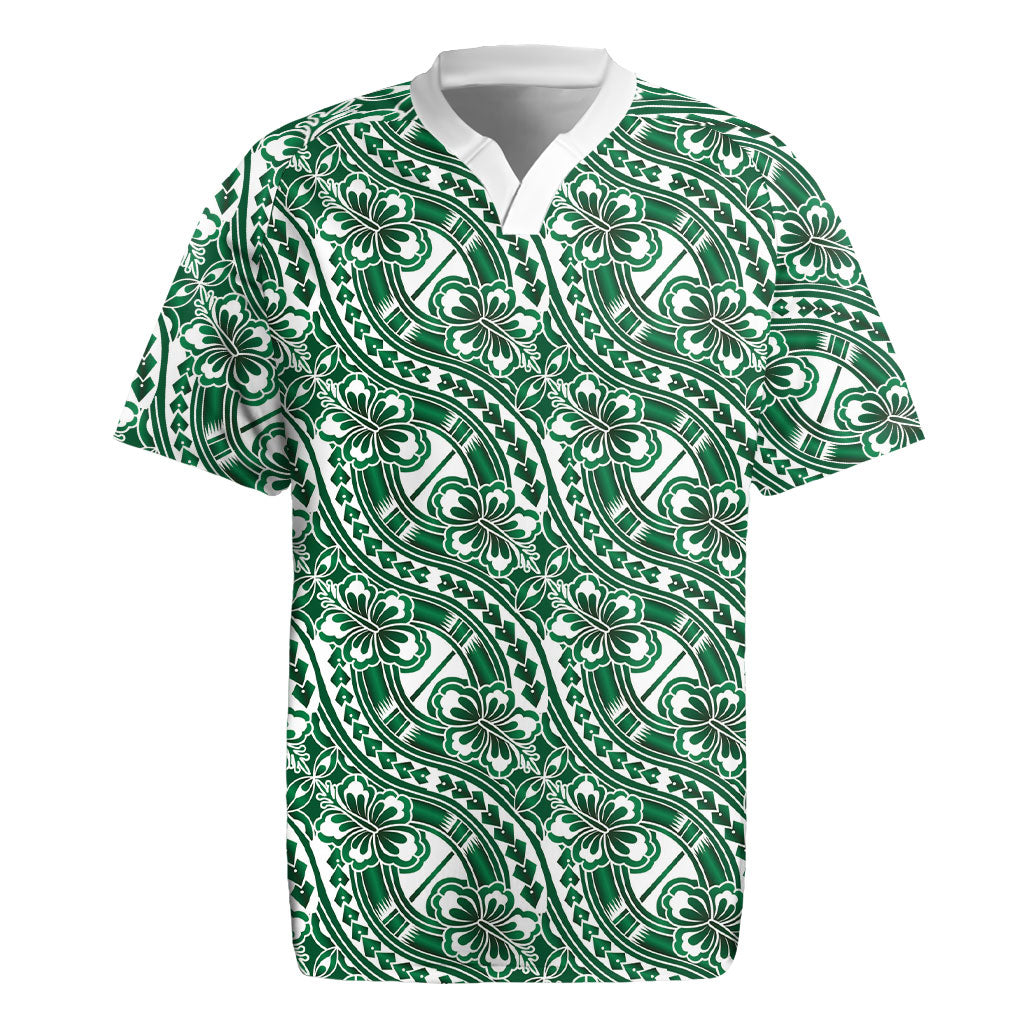 Hibiscus Bloom Island Tribal Waves Rugby Jersey Green Polynesian Pattern