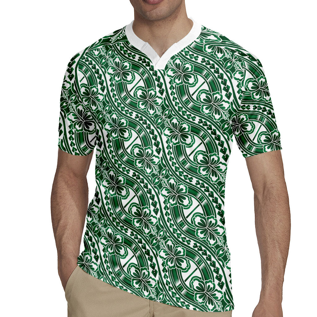 Hibiscus Bloom Island Tribal Waves Rugby Jersey Green Polynesian Pattern