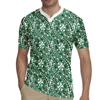 Hibiscus Bloom Island Tribal Waves Rugby Jersey Green Polynesian Pattern