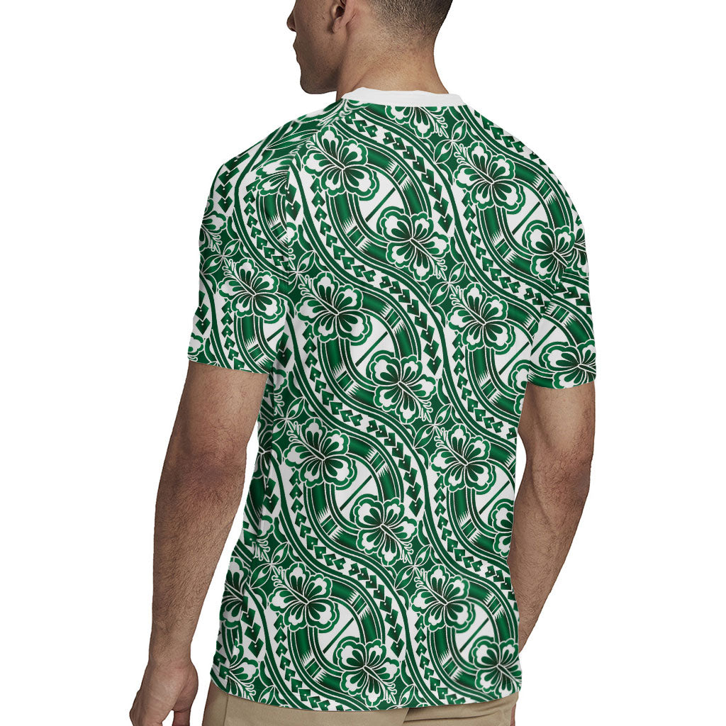 Hibiscus Bloom Island Tribal Waves Rugby Jersey Green Polynesian Pattern