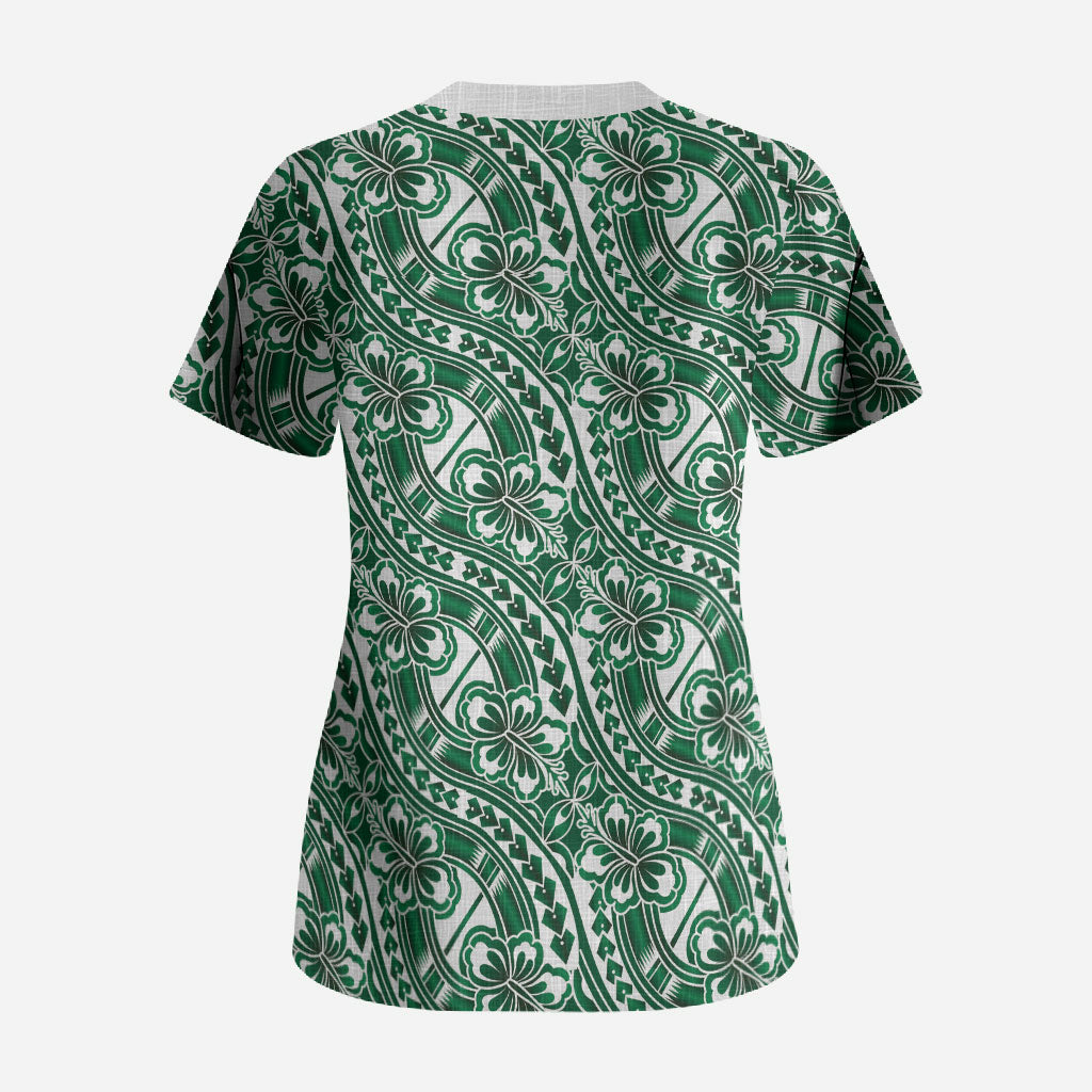 Hibiscus Bloom Island Tribal Waves Scrub Top Green Polynesian Pattern