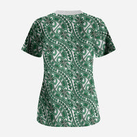 Hibiscus Bloom Island Tribal Waves Scrub Top Green Polynesian Pattern