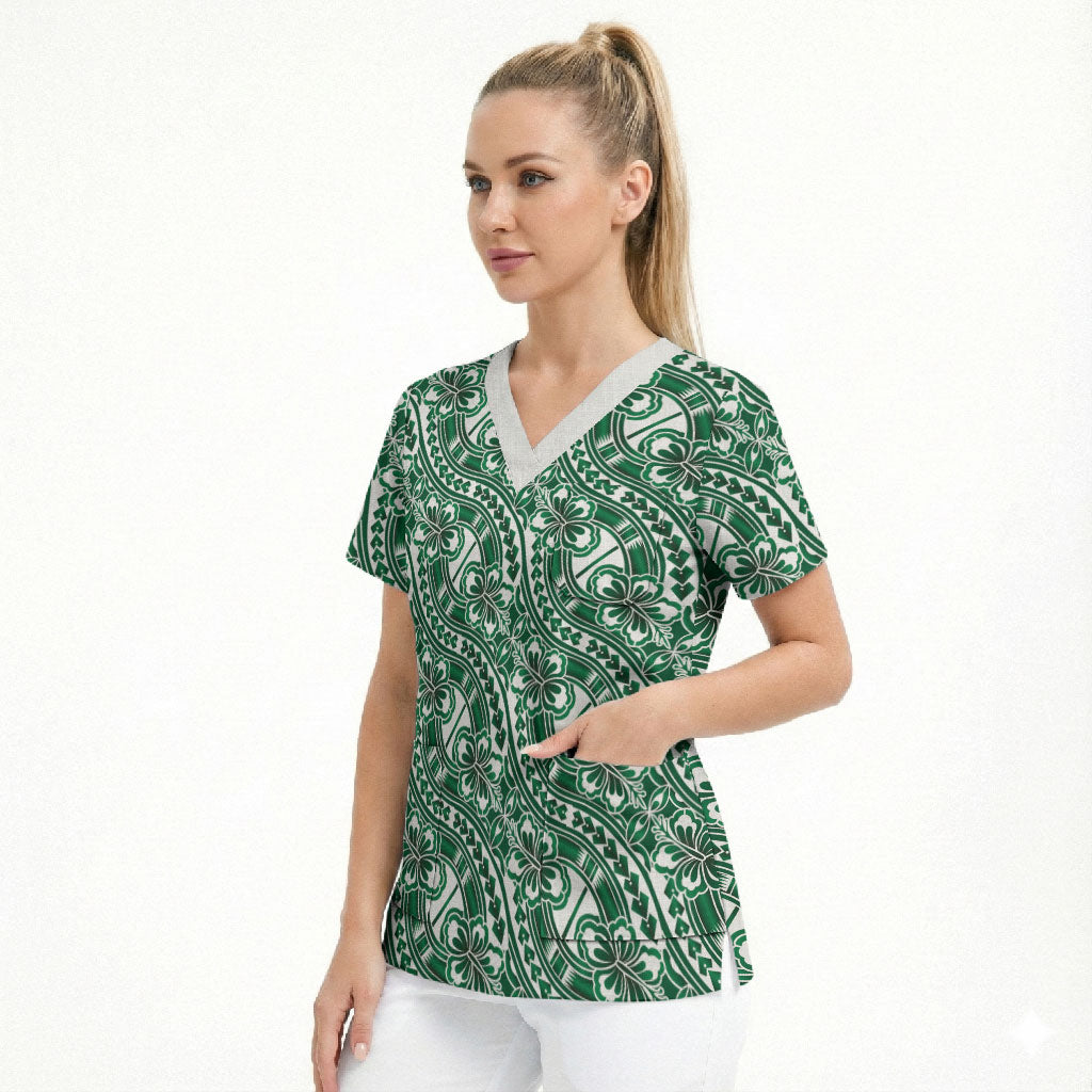 Hibiscus Bloom Island Tribal Waves Scrub Top Green Polynesian Pattern
