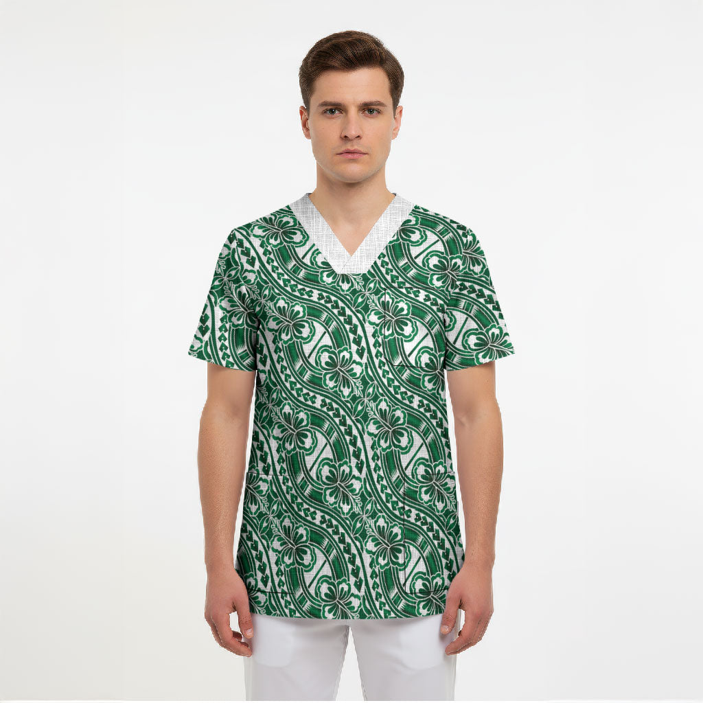 Hibiscus Bloom Island Tribal Waves Scrub Top Green Polynesian Pattern