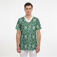 Hibiscus Bloom Island Tribal Waves Scrub Top Green Polynesian Pattern