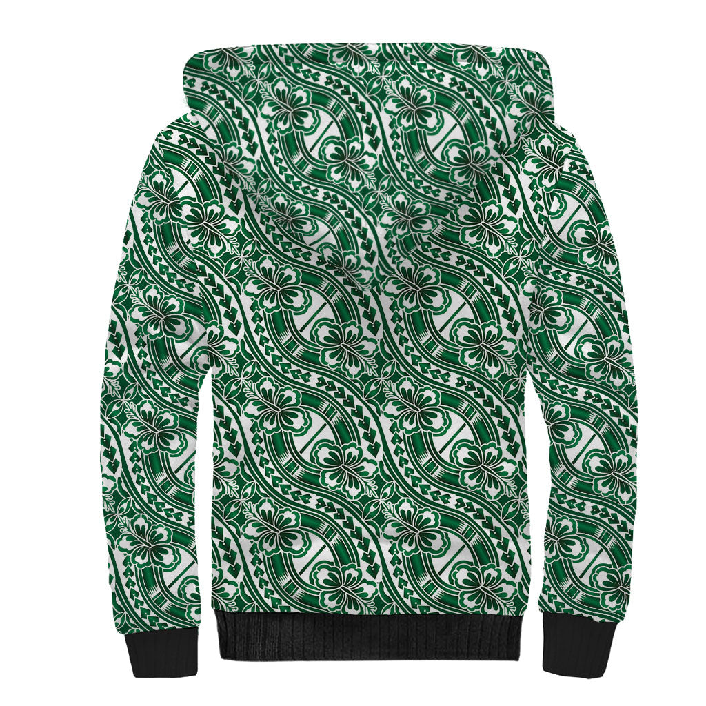 Hibiscus Bloom Island Tribal Waves Sherpa Hoodie Green Polynesian Pattern