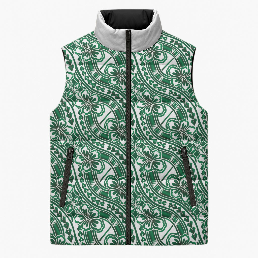 Hibiscus Bloom Island Tribal Waves Sleeveless Puffer Jacket Green Polynesian Pattern