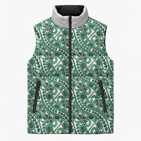 Hibiscus Bloom Island Tribal Waves Sleeveless Puffer Jacket Green Polynesian Pattern