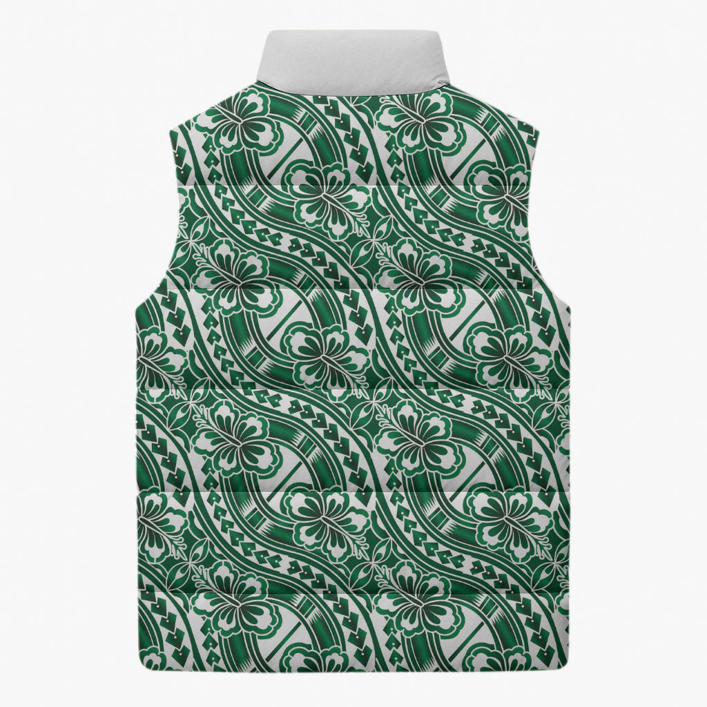 Hibiscus Bloom Island Tribal Waves Sleeveless Puffer Jacket Green Polynesian Pattern