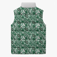 Hibiscus Bloom Island Tribal Waves Sleeveless Puffer Jacket Green Polynesian Pattern