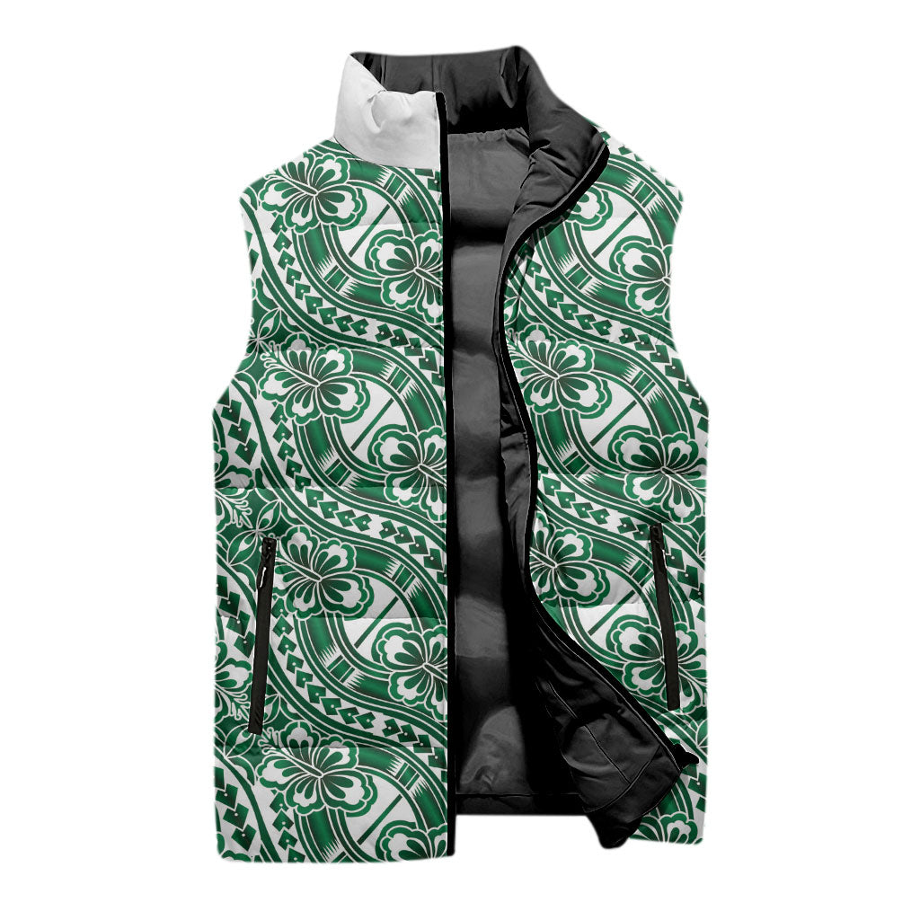 Hibiscus Bloom Island Tribal Waves Sleeveless Puffer Jacket Green Polynesian Pattern