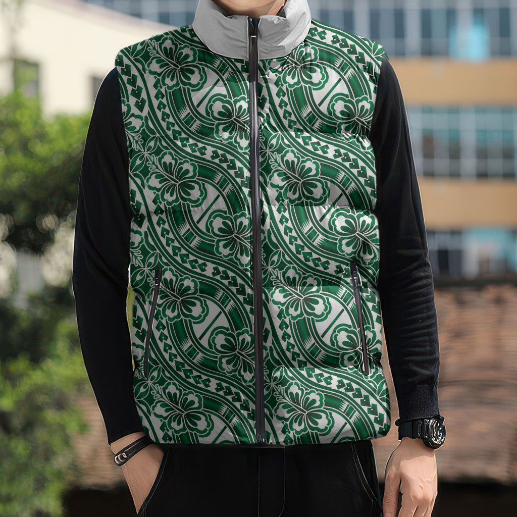 Hibiscus Bloom Island Tribal Waves Sleeveless Puffer Jacket Green Polynesian Pattern