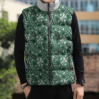 Hibiscus Bloom Island Tribal Waves Sleeveless Puffer Jacket Green Polynesian Pattern