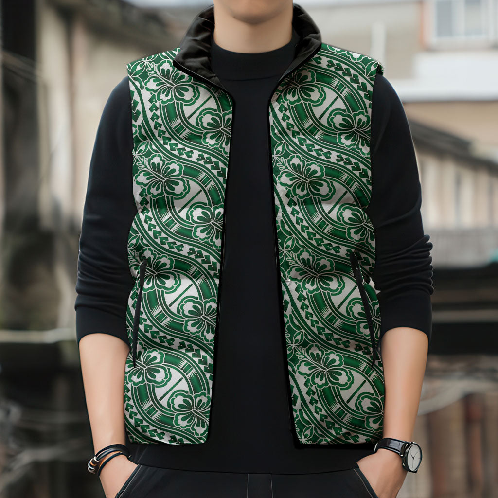 Hibiscus Bloom Island Tribal Waves Sleeveless Puffer Jacket Green Polynesian Pattern