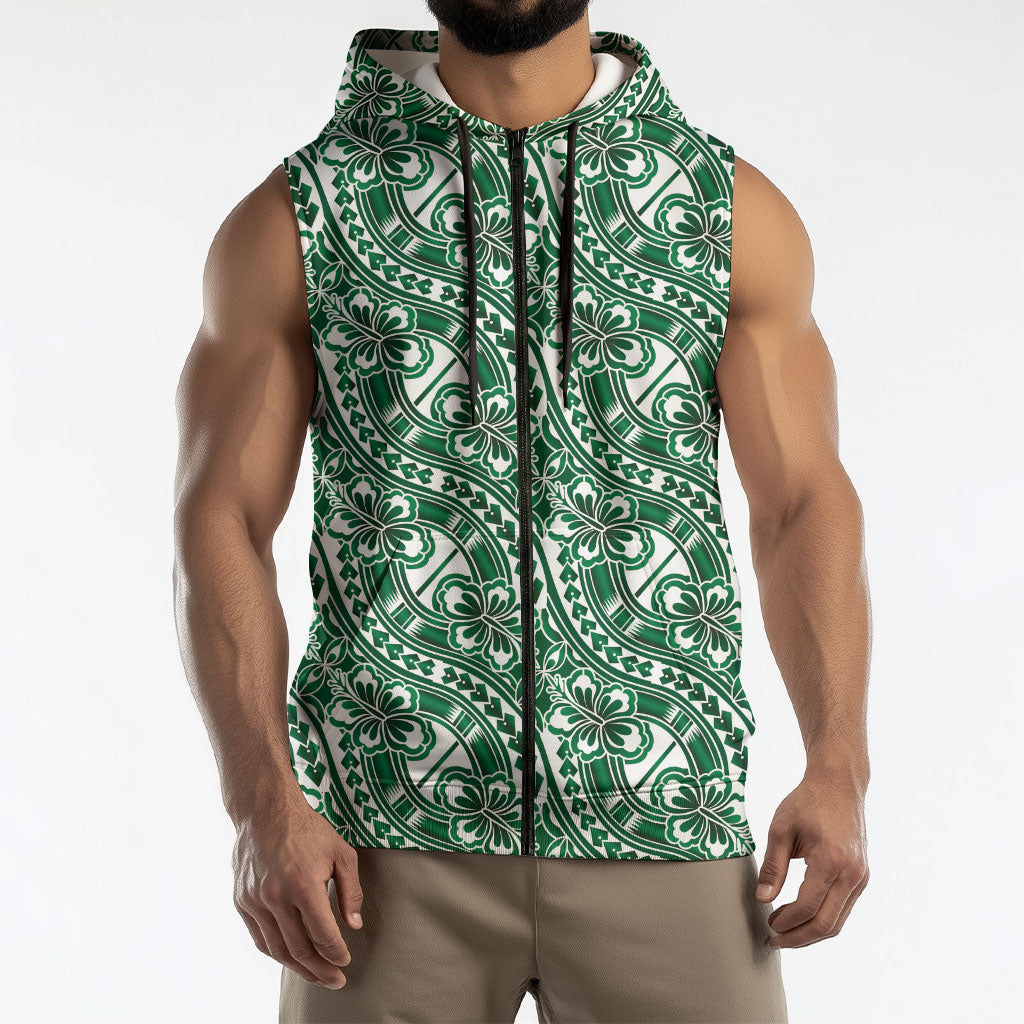 Hibiscus Bloom Island Tribal Waves Sleeveless Zip Hoodie Green Polynesian Pattern