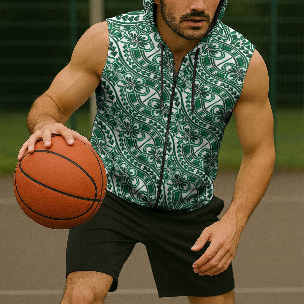 Hibiscus Bloom Island Tribal Waves Sleeveless Zip Hoodie Green Polynesian Pattern
