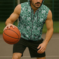 Hibiscus Bloom Island Tribal Waves Sleeveless Zip Hoodie Green Polynesian Pattern