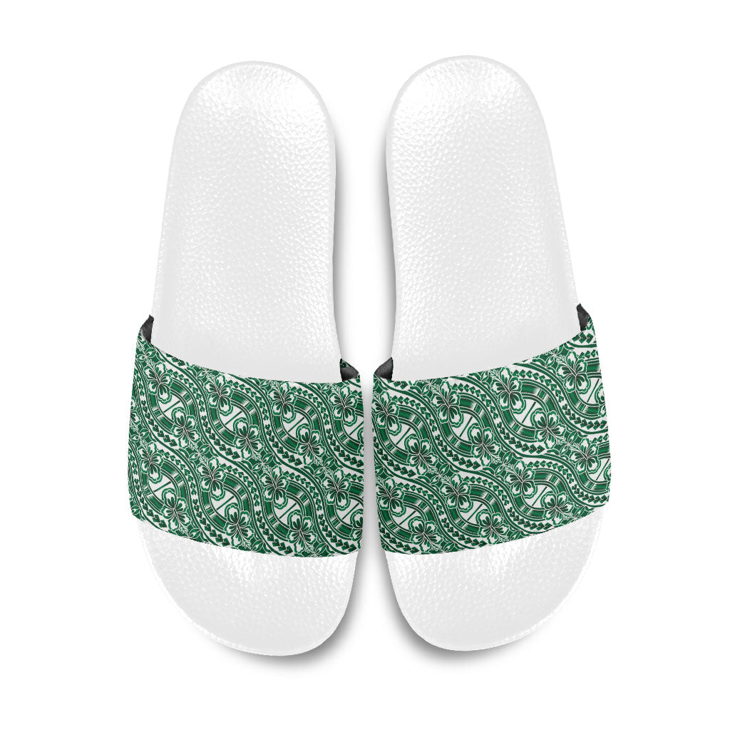 Hibiscus Bloom Island Tribal Waves Slide Sandals Green Polynesian Pattern