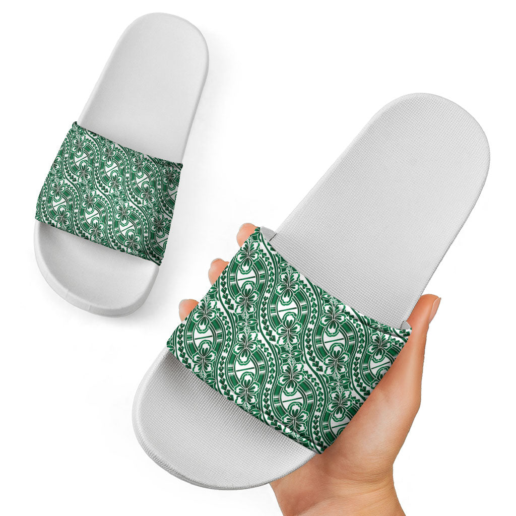 Hibiscus Bloom Island Tribal Waves Slide Sandals Green Polynesian Pattern
