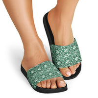Hibiscus Bloom Island Tribal Waves Slide Sandals Green Polynesian Pattern