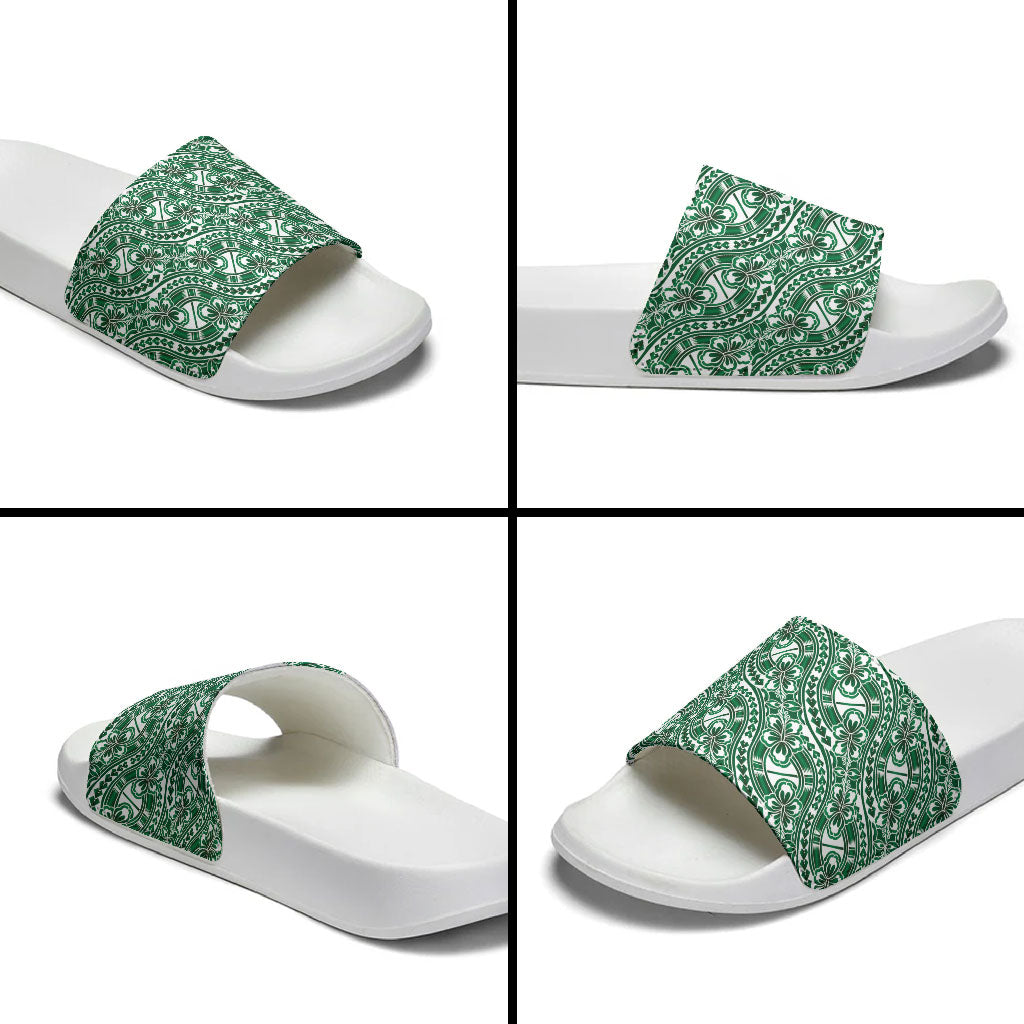 Hibiscus Bloom Island Tribal Waves Slide Sandals Green Polynesian Pattern