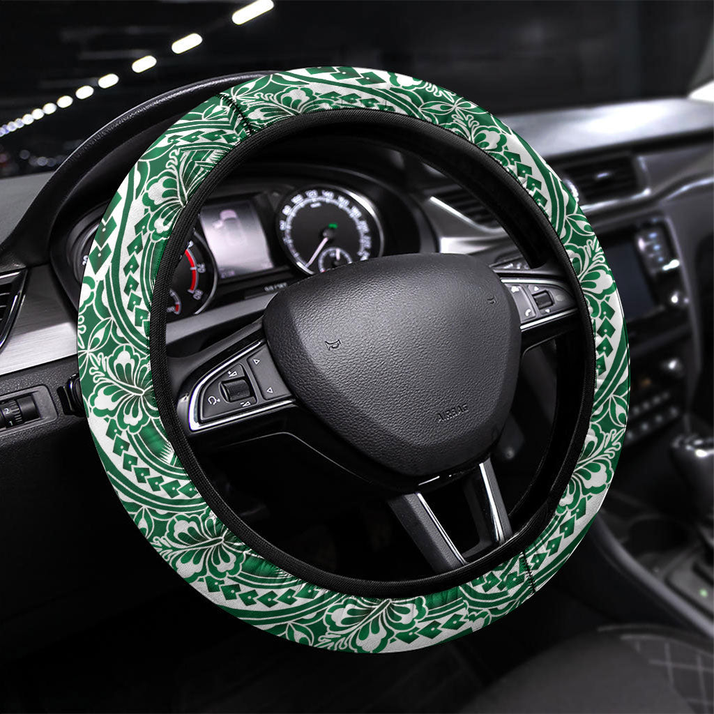 Hibiscus Bloom Island Tribal Waves Steering Wheel Cover Green Polynesian Pattern LT01 Universal Fit Green - Polynesian Pride