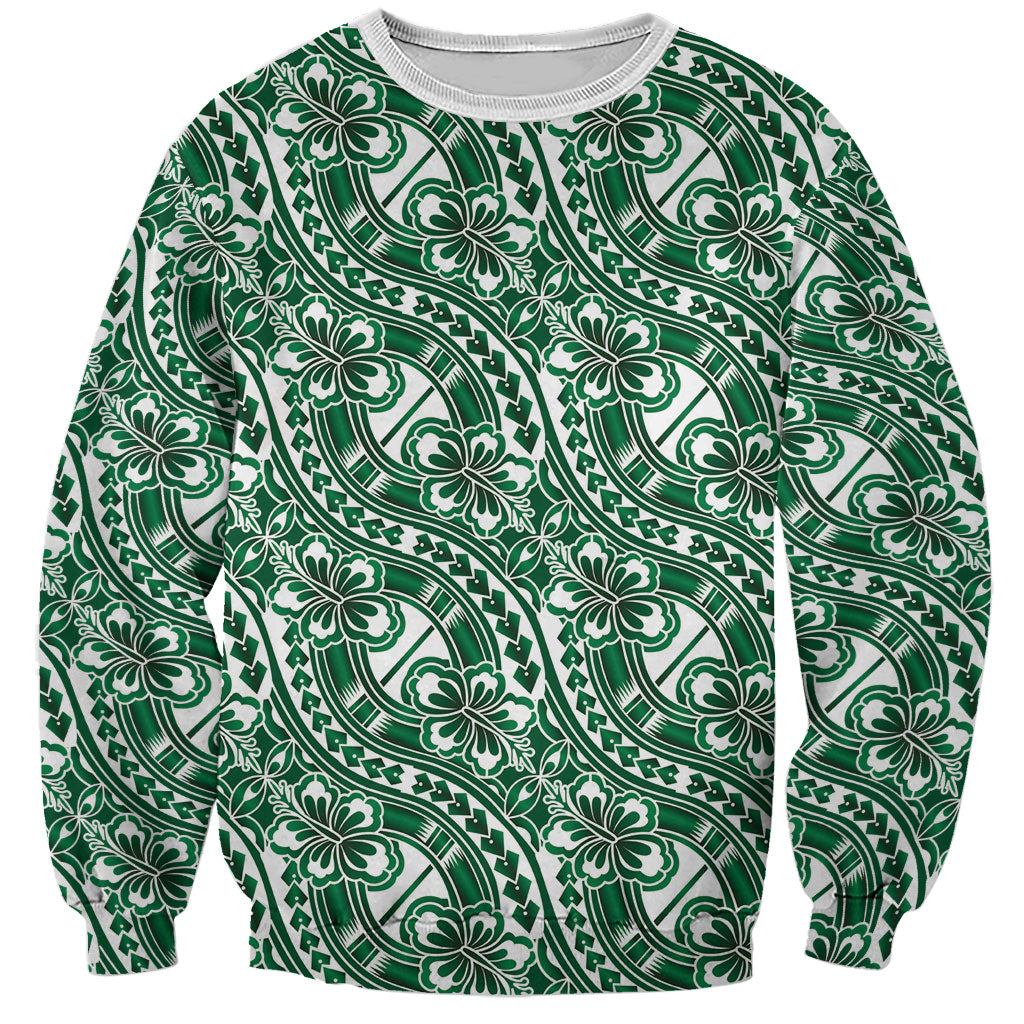 Hibiscus Bloom Island Tribal Waves Sweatshirt Green Polynesian Pattern