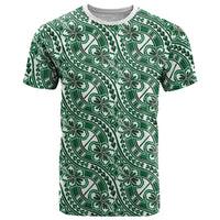 Hibiscus Bloom Island Tribal Waves T Shirt Green Polynesian Pattern