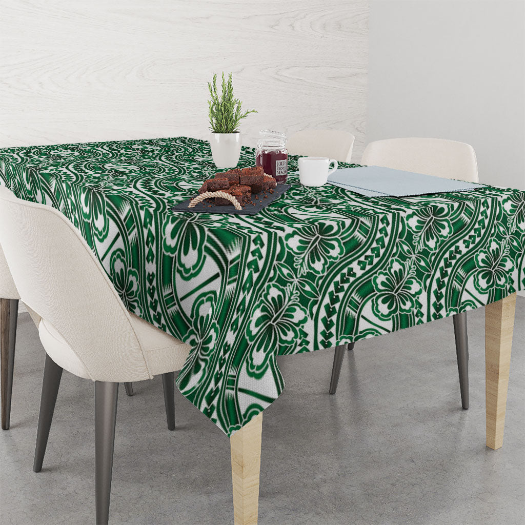 Hibiscus Bloom Island Tribal Waves Tablecloth Green Polynesian Pattern