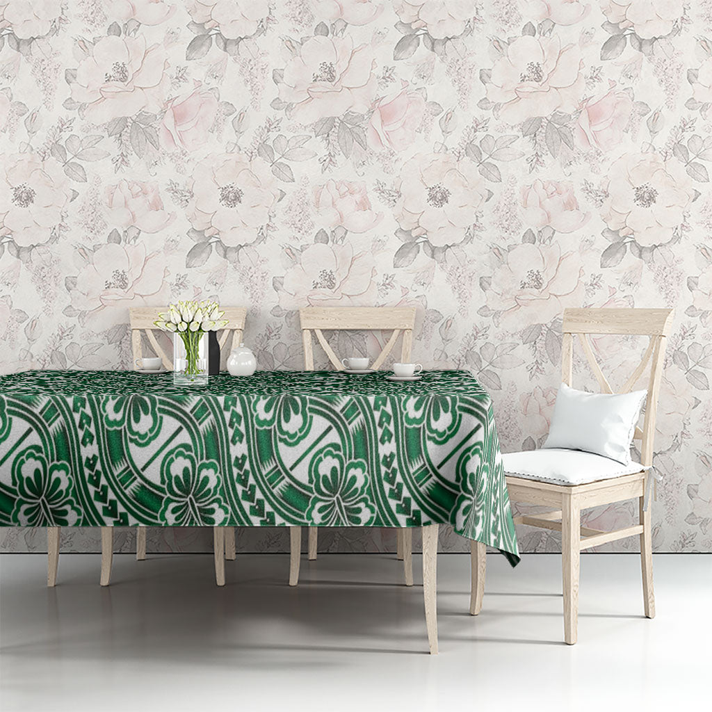 Hibiscus Bloom Island Tribal Waves Tablecloth Green Polynesian Pattern