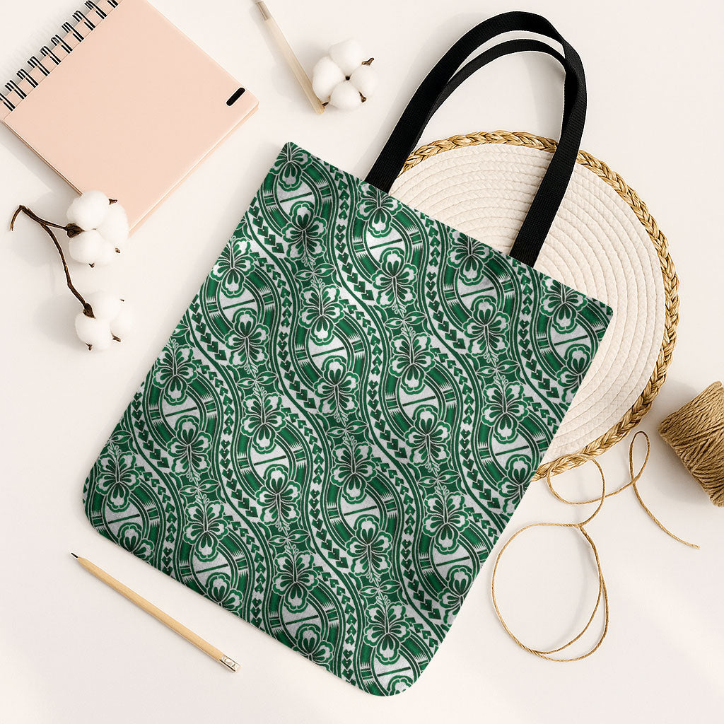 Hibiscus Bloom Island Tribal Waves Tote Bag Green Polynesian Pattern LT01 Black Strap One Size Green - Polynesian Pride