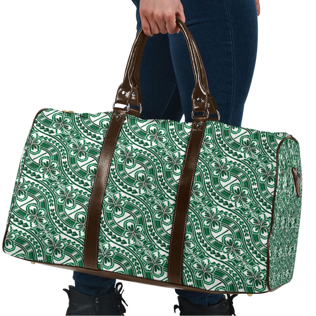 Hibiscus Bloom Island Tribal Waves Travel Bag Green Polynesian Pattern