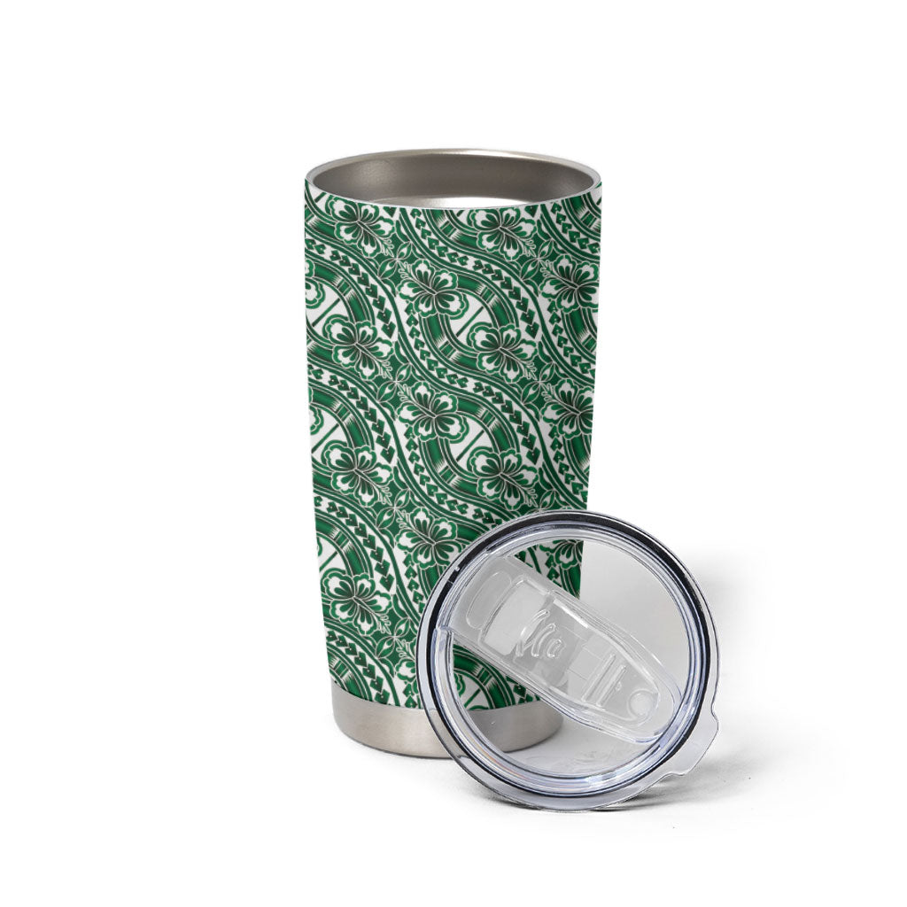 Hibiscus Bloom Island Tribal Waves Tumbler Cup Green Polynesian Pattern