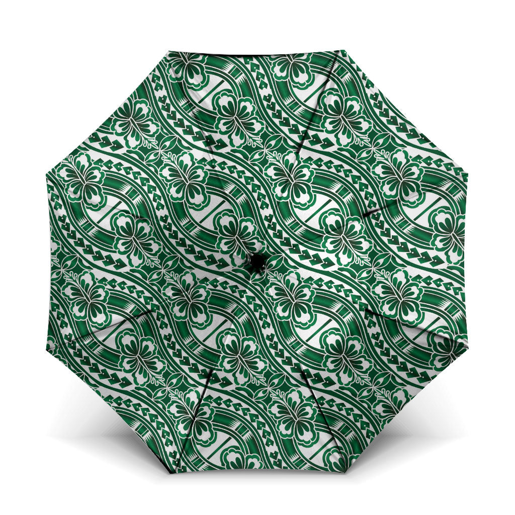 Hibiscus Bloom Island Tribal Waves Umbrella Green Polynesian Pattern