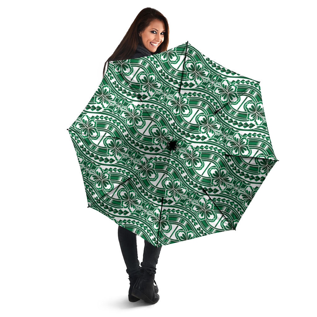 Hibiscus Bloom Island Tribal Waves Umbrella Green Polynesian Pattern