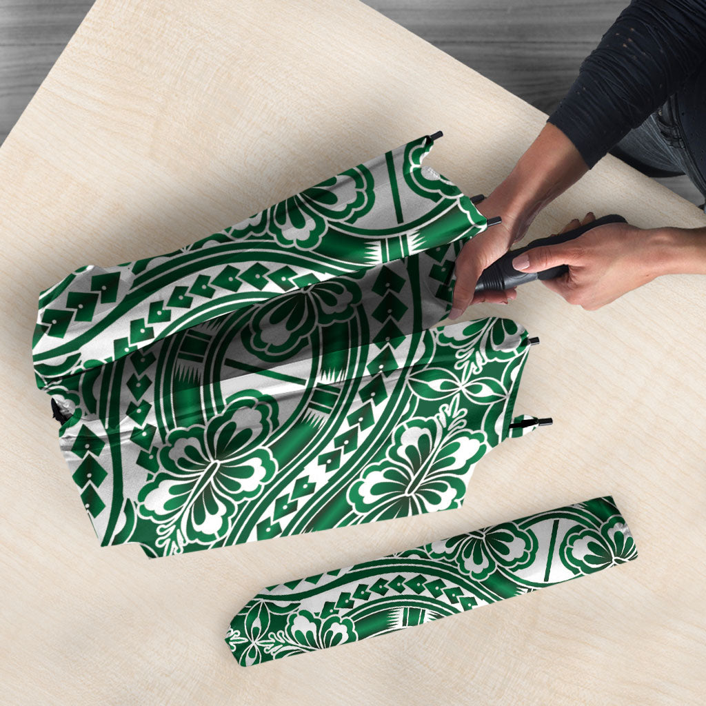 Hibiscus Bloom Island Tribal Waves Umbrella Green Polynesian Pattern